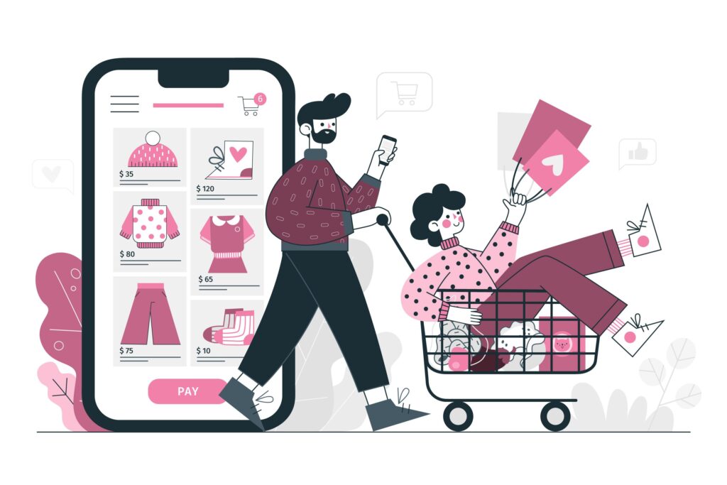 girl and boy doing shopping from mobile app illustration